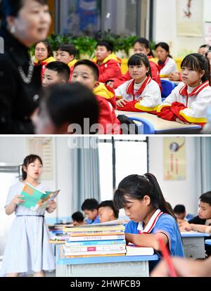 (220305) -- GUIYANG, le 5 mars 2022 (Xinhua) -- photos combinées Pan Xuefei assistant à un cours à l'école intermédiaire de Liduanfen à Guiyang, dans la province de Guizhou, dans le sud-ouest de la Chine, le 27 février 2022 (à partir de); Et Pan Xuefei assistant à une classe à l'école élémentaire Dadai dans le village de Dadai Miao, canton de Bingmei, comté de Congjiang à Qiandongnan Miao et préfecture autonome de Dong, province de Guizhou, dans le sud-ouest de la Chine, le 24 juin 2021. PAN Xuefei, une fille du groupe ethnique Miao du village de Dadai Miao du comté de Congjiang à Qiandongnan Miao et de la préfecture autonome de Dong dans la province de Guizhou, dans le sud-ouest de la Chine, est présent Banque D'Images