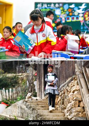 (220305) -- GUIYANG, 5 mars 2022 (Xinhua) -- photos combinées Pan Xuefei (avant) arranger ses nouveaux manuels à l'école intermédiaire de Liduanfen à Guiyang, dans la province de Guizhou, dans le sud-ouest de la Chine, 27 février 2022 (haut); Et Pan Xuefei se dirige vers la maison de son homologue pour faire ses devoirs dans le village de Dadai Miao, le canton de Bingmei, le comté de Congjiang à Qiandongnan Miao et la préfecture autonome de Dong, dans la province de Guizhou, dans le sud-ouest de la Chine, le 25 février 2021. PAN Xuefei, une fille du groupe ethnique Miao du village de Dadai Miao du comté de Congjiang à Qiandongnan Miao et de la préfecture autonome de Dong dans la province de Guizhou, dans le sud-ouest de la Chine Banque D'Images
