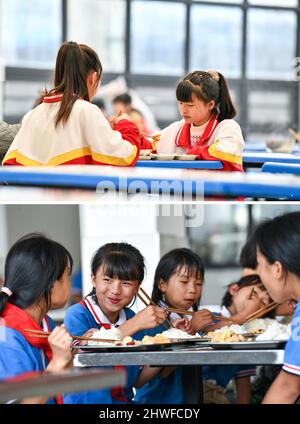 (220305) -- GUIYANG, 5 mars 2022 (Xinhua) -- spectacles photo combinés Pan Xuefei (R) dîner à l'école intermédiaire de Liduanfen à Guiyang, dans la province de Guizhou, dans le sud-ouest de la Chine, 27 février 2022 (à partir de); Et Pan Xuefei (2nd L) dîner à l'école élémentaire Dadai dans le village de Dadai Miao, canton de Bingmei, comté de Congjiang à Qiandongnan Miao et préfecture autonome de Dong, province de Guizhou, dans le sud-ouest de la Chine, le 24 juin 2021. PAN Xuefei, fille du groupe ethnique Miao du village de Dadai Miao du comté de Congjiang à Qiandongnan Miao et de la préfecture autonome de Dong dans la province de Guizhou, dans le sud-ouest de la Chine, est embra Banque D'Images