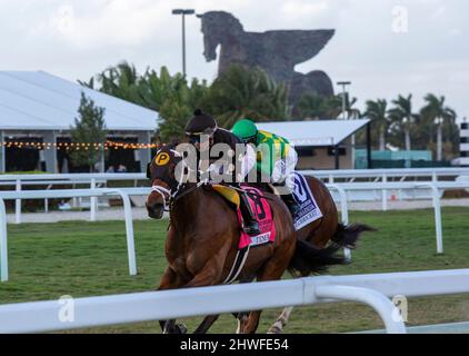 Hallandale Beach, Floride, États-Unis. 5th mars 2022. 5 mars 2022: Le Temple #8 et Jockey Jose Ortiz gagnent le Mac Diarmida Stakes (Grade 2) sur le terrain pour le formateur Mike Maker sur la fontaine de la Journée des enjeux de la jeunesse à Gulfstream Park à Hallandale Beach, FL le 5th mars 2022.Liz Lamont/Eclipse Sportswire/CSM/Alay Live News Banque D'Images