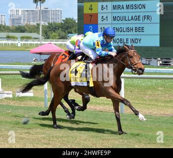 Hallandale Beach, Floride, États-Unis. 5th mars 2022. 5 mars 2022 : #4 LA MISSION MIRA et le Jockey Julien Leparoux se sont emparis et ont remporté les enjeux de la pelouse canadienne (3 e année) à l'occasion de la Journée des enjeux de la Fontaine des jeunes au parc Gulfstream, à Hallandale Beach, FL, le 5th mars 2022. Gonzalo Anteliz Jr/Eclipse Sportswire/CSM/Alamy Live News Banque D'Images