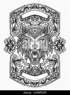 illustration tête de loup vecteur avec mandala ornement style Illustration de Vecteur