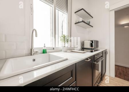 Cuisine avec mobilier en bois sombre, dessus en marbre blanc, évier en porcelaine, plaque vitrocéramique, fenêtre en aluminium, ficus benjamina et four à micro-ondes avec comptoir Banque D'Images