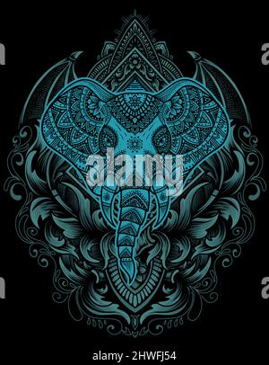 illustration de la tête d'éléphant vecteur avec ornement antique gravure Illustration de Vecteur