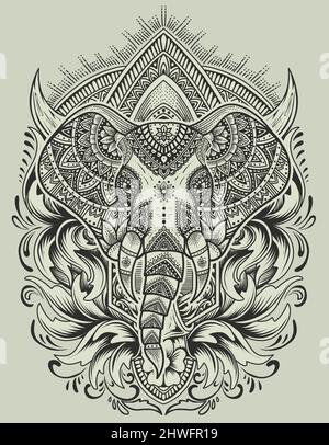 illustration vecteur tête d'éléphant avec mandala ornement style Illustration de Vecteur