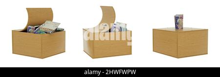 Le franc CFA d'Afrique de l'Ouest note à l'intérieur d'une caisse d'épargne en bois ouverte. Ensemble de concept d'épargne. Générique Piggy Bank, Penny Bank, Money Box. 3d rendu Banque D'Images