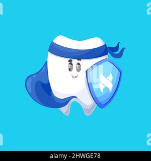 Émoticône drôle de dent saine avec cape bleue et personnage de dessin animé isolé de bouclier. Les dents molaires vectorielles, le blanchiment, l'hygiène bucco-dentaire propre et l'emblème du service dentaire. Mal de dents et douleur, dent humaine Illustration de Vecteur