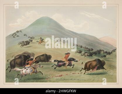 Buffalo Hunt, Chase, pl. 6 du portefeuille des Indiens de l'Amérique du Nord. Artiste: George Catlin, américain, 1796–1872 Banque D'Images