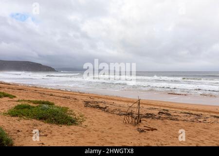 Sydney, Australie. 06th mars 2022. Le système de basse pression le long de la côte est de l'Australie se poursuivra la semaine prochaine, les fortes pluies et les inondations affectant les communautés de la Nouvelle-Galles du Sud et du Queensland. Photo de Palm Beach à Sydney avec des débris éparpillés à travers la plage du temps orageux et de fortes conditions de surf, Credit Martin Berry@alamy Live news. Credit: martin Berry/Alay Live News Banque D'Images