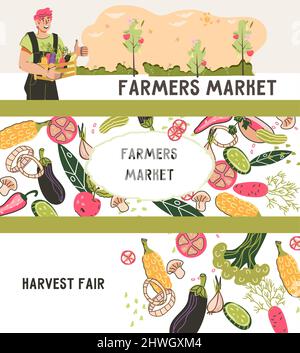 Banderoles ou prospectus pour le marché agricole et la foire de récolte avec des légumes et le personnage de fermier, illustration vectorielle plate de dessin animé. Mettez en place des bannières ou des circulaires Illustration de Vecteur