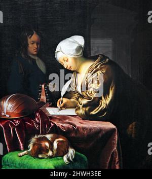 The Letter Writer (1680) de Frans van Mieris,The Elder (1635-1681).Dutch Golden Age, genre et portrait-peintre.''beau peintre''. Banque D'Images