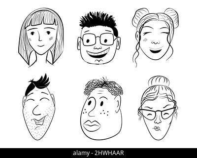 Doodle Comic People faces ensemble vectoriel. Têtes dessinées à la main de femmes et d'hommes dans les lignes. Illustration de Vecteur