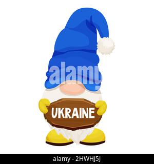 GNOME en couleurs ukrainiennes bleu et jaune, panneau en bois avec texte Ukraine, supporte le concept en style de dessin animé isolé sur fond blanc. Illustration vectorielle Illustration de Vecteur