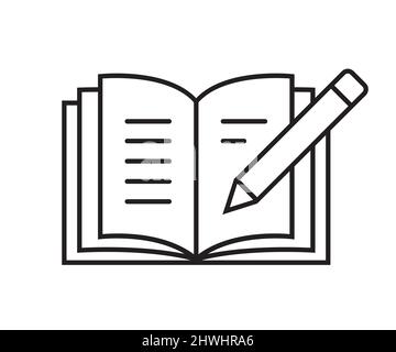 Livre avec stylo ou crayon, simple icône linéaire plate. Pictogramme pour la lecture, l'étude, l'information, le concept d'éducation. Illustration de ligne vectorielle, facile à utiliser Illustration de Vecteur