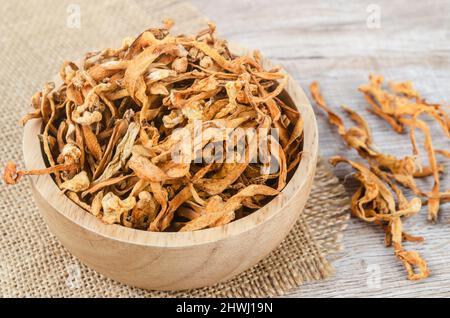 Le cordyceps militaris séché fleur de champignon sur fond de bois. Banque D'Images