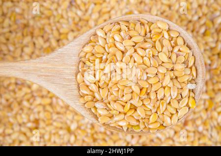 Les graines de lin doré dans une cuillère en bois sur fond de graines de lin. Banque D'Images