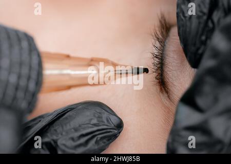 Bannière maquillage permanent tatouage noir sur les sourcils dans le salon de beauté. Banque D'Images