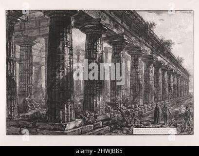 Temple de Neptune à Pesto, vu de côté, et dessiné plus en grand qu'on ne le voit dans la première planche (Temple de Neptune à Paestum, vu du côté et dessiné à une plus grande échelle que dans la première plaque), de Differentes vues de … Pesto (différentes vues de … Paestum). Artiste: Giovanni Battista Piranesi, Italien, 1720–1778 Banque D'Images