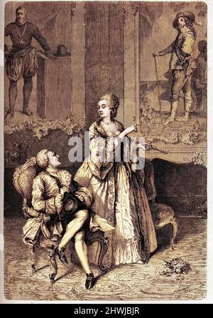 Madame du Barry (Jeanne BeCu, comtesse (ou madame) du Barry (1743-1793) avec le roi de France Louis XV - 'la France, ton règlement te fera aussi coupér la tete' - gravure de 'l'histoire de France racontee a mes petits-enfants' - par François Guizot - 1872-1876 Banque D'Images