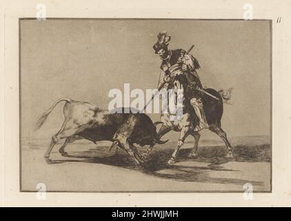 El CID Campeador lanceando otro toro (le CID Campeador Spearing Another Bull), planche 11 de la tauromaquia. Artiste: Francisco Goya, espagnol, 1746–1828 Banque D'Images