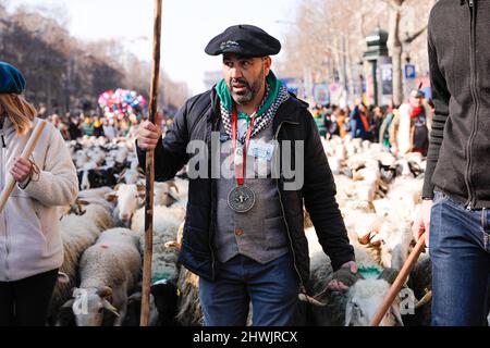 Paris, France. 06th mars 2022. Pour célébrer la fin du salon agricole de Paris, une transhumance avec 2000 moutons a été organisée sur les champs Elysées à Paris, France, le 6 mars 2022. Photo de Christophe Michel/ABACAPRESS.COM crédit: Abaca Press/Alay Live News Banque D'Images