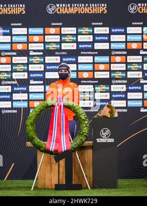 HAMAR, NORVÈGE - 6 MARS : Irene Schouten, des pays-Bas, lors des Championnats du monde de patinage de vitesse de l'UIP tous les jours au Vikingskipet le 6 mars 2022 à Hamar, Norvège (photo de Douwe Bijlsma/Orange Pictures) Banque D'Images