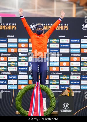 HAMAR, NORVÈGE - 6 MARS : Irene Schouten, des pays-Bas, lors des Championnats du monde de patinage de vitesse de l'UIP tous les jours au Vikingskipet le 6 mars 2022 à Hamar, Norvège (photo de Douwe Bijlsma/Orange Pictures) Banque D'Images