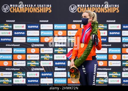 HAMAR, NORVÈGE - 6 MARS : Irene Schouten, des pays-Bas, lors des Championnats du monde de patinage de vitesse de l'UIP tous les jours au Vikingskipet le 6 mars 2022 à Hamar, Norvège (photo de Douwe Bijlsma/Orange Pictures) Banque D'Images