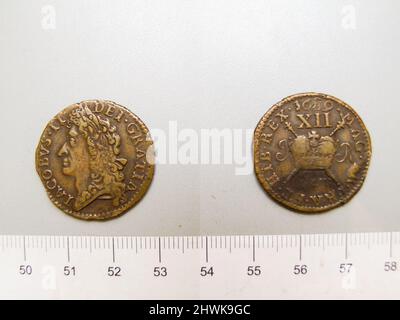 1 Shilling avec le roi James II Objet : James II, roi d'Angleterre, anglais, 1633–1701, selon la décision 1685–88 Banque D'Images