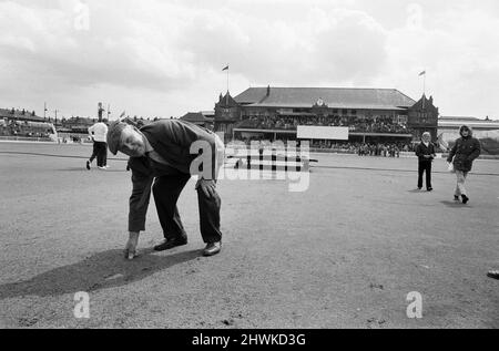 Le dernier match de première classe qui aura lieu à Bramall Lane, Sheffield, le championnat du comté entre l'équipe locale du Yorkshire et du Lancashire. Un homme collectant un morceau de gazon comme un souvenir après le jeu. 7th août 1973. Banque D'Images