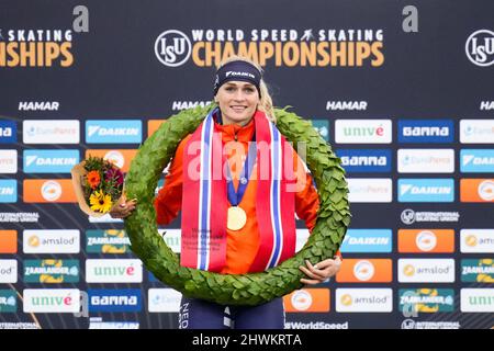 HAMAR, NORVÈGE - 6 MARS : Irene Schouten, des pays-Bas, lors des Championnats du monde de patinage de vitesse de l'UIP tous les jours au Vikingskipet le 6 mars 2022 à Hamar, Norvège (photo de Douwe Bijlsma/Orange Pictures) Banque D'Images