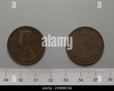 1 cent avec Victoria, reine de Grande-Bretagne. Objet: Victoria, reine de Grande-Bretagne, britannique, 1819–1901, réglée de 1837–1901 artiste: Leonard Charles Wyon, britannique, 1826–1891 artiste: Charles F. Hill, active ca. 1845 - 1850 Banque D'Images