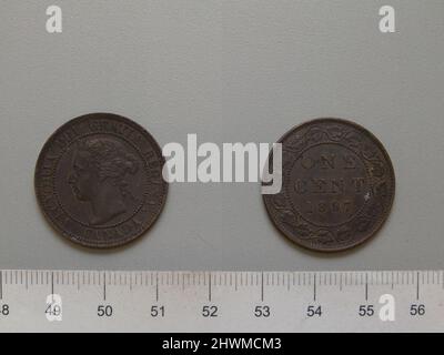 1 cent de Londres avec Victoria, reine de Grande-Bretagne. Objet: Victoria, Reine de Grande-Bretagne, britannique, 1819–1901, a statué 1837–1901 monnaie: LondonDesigner: Leonard Charles Wyon, britannique, 1826–1891 Banque D'Images