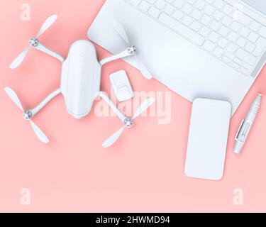 Vue de dessus de l'espace de travail et de l'équipement de conception comme un ordinateur portable, une tablette, un drone, un stylo à lentille et un téléphone mobile sur fond noir. rendu 3d des accessoires f Banque D'Images