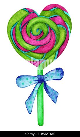 Bonbon au caramel en forme de coeur sur un bâton avec un noeud, bonbon rayé. Illustration de la nourriture aquarelle isolée sur blanc. Conception pour tissu, mur Banque D'Images
