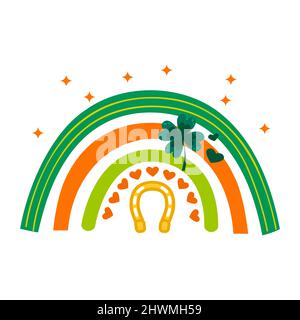 Fer à cheval arc-en-ciel Saint-Patrick Day. Un bon moment pour la fête de la Saint Patrick avec un accueil aux feuilles de trèfle. Illustration de Vecteur