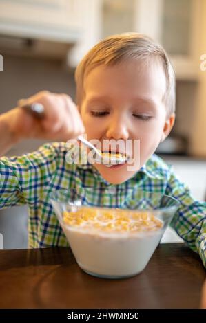 Petit garçon prenant son petit déjeuner dans la cuisine Banque D'Images