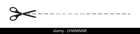 Icône en forme de ciseaux coupant une ligne en pointillés. Contour simple découpé ici pictogramme pour coupon, bon, étiquette, page papier. Illustration vectorielle isolée sur fond blanc Illustration de Vecteur