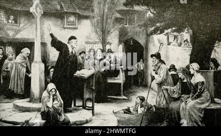 La légende de 1912 de cette illustration est la suivante : « Comment la Bible a été lue aux gens à l'époque de Shakespeare. Prédication de la belle version anglaise de la Bible à la croix du village à l'époque Tudor à partir de la peinture de M. G E Robertson.” William Shakespeare (mort en 1616) était un dramaturge, poète et acteur anglais, largement considéré comme le plus grand écrivain de langue anglaise et le plus grand dramaturge du monde. Il est souvent appelé le poète national d'Angleterre et le « Bard d'Avon ». George Edward Robertson (décédé en 1920) était un artiste britannique. Banque D'Images