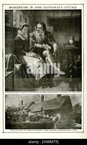 La légende 1912 de cette image est la suivante : 'Shavespeare at 19 ans in Anne Hathaway's Cottage at Stratford - Cottage of Anne Hathaway'. La légende de 1912 de cette illustration se lit comme suit : William Shakespeare (mort en 1616) était un dramaturge, poète et acteur anglais, largement considéré comme le plus grand écrivain de langue anglaise et le plus grand dramaturge du monde. Il est souvent appelé le poète national d'Angleterre et le « Bard d'Avon ». Anne Hathaway (décédée en 1623) était la femme de Shakespeare. Ils se sont mariés en 1582, quand Hathaway avait 26 ans et Shakespeare avait 18 ans. Banque D'Images