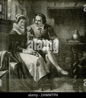 La légende 1912 de cette image est la suivante : 'Shavespeare at 19 ans in Anne Hathaway's Cottage at Stratford - Cottage of Anne Hathaway'. La légende de 1912 de cette illustration se lit comme suit : William Shakespeare (mort en 1616) était un dramaturge, poète et acteur anglais, largement considéré comme le plus grand écrivain de langue anglaise et le plus grand dramaturge du monde. Il est souvent appelé le poète national d'Angleterre et le « Bard d'Avon ». Anne Hathaway (décédée en 1623) était la femme de Shakespeare. Ils se sont mariés en 1582, quand Hathaway avait 26 ans et Shakespeare avait 18 ans. Banque D'Images