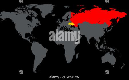 Russie et Ukraine sur la carte du monde. Territoire de la Russie et de l'Ukraine en Eurasie sur une carte sombre. Concept de guerre russo-ukrainienne, géographique et poli Banque D'Images