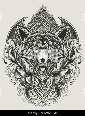 Illustration vecteur tête de loup avec gravure d'ornement vintage Illustration de Vecteur