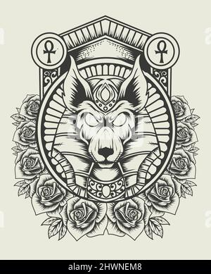 Illustration vecteur Égypte ancienne Dieu Anubis avec ornement rose vintage Illustration de Vecteur