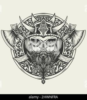 illustration vectorielle tête viking avec deux haches de style monochrome Illustration de Vecteur