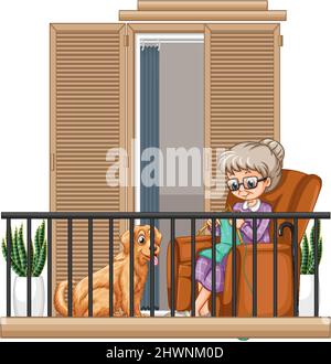 Une vieille femme triant sur l'illustration du balcon Illustration de Vecteur