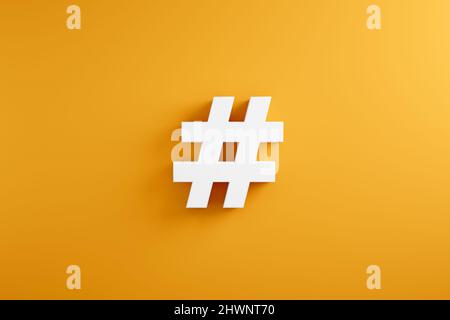 Symbole de hashtag blanc fond jaune. 3d rendu. Banque D'Images