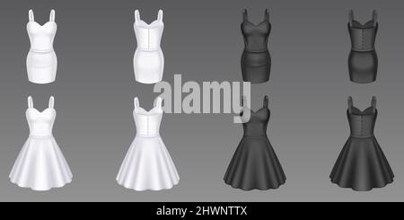 Robes de cocktail et de gaine pour femmes à l'avant et à l'arrière. Vector Realistic 3D mockup de robe de soirée noir et blanc pour filles avec jupe courte et encolure en forme de coeur isolée sur fond Illustration de Vecteur