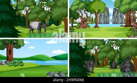 Quatre scènes avec des animaux sauvages dans l'illustration de la forêt Illustration de Vecteur