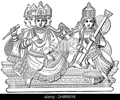 Brahma et Saraswati. Selon la représentation indienne, (encyclopédie, 1893), Brahma und Saraswati. Nach indischer Darstellung, Brahma et Saraswati. D'après la présentation indienne Banque D'Images